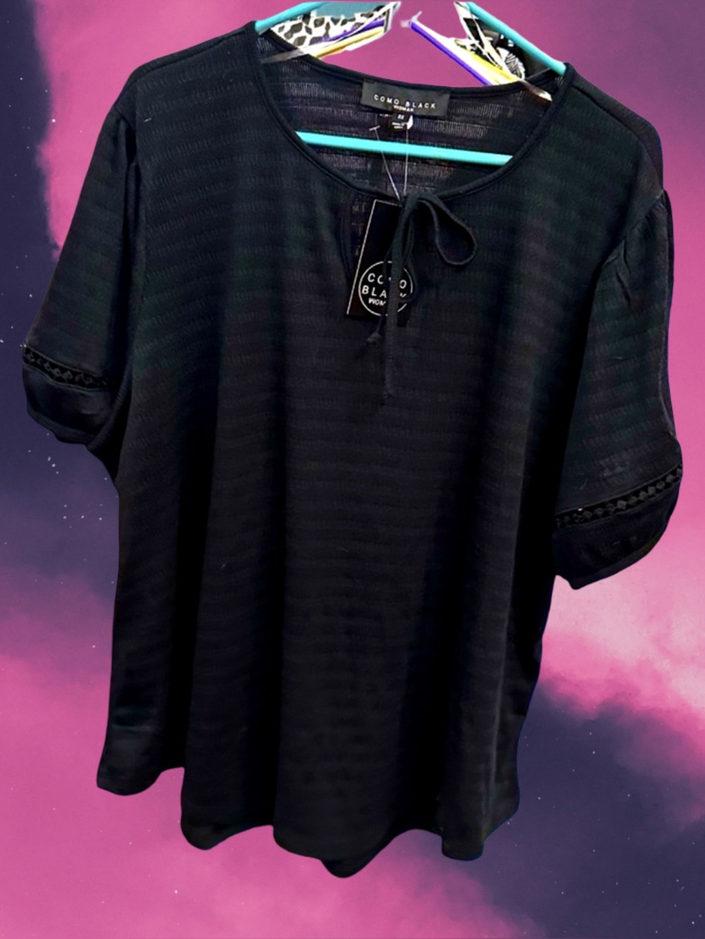 🆕Como Black Women’s plus-size Black Stretchy Puff-sleeve Crocet-lace Blouse💜3X